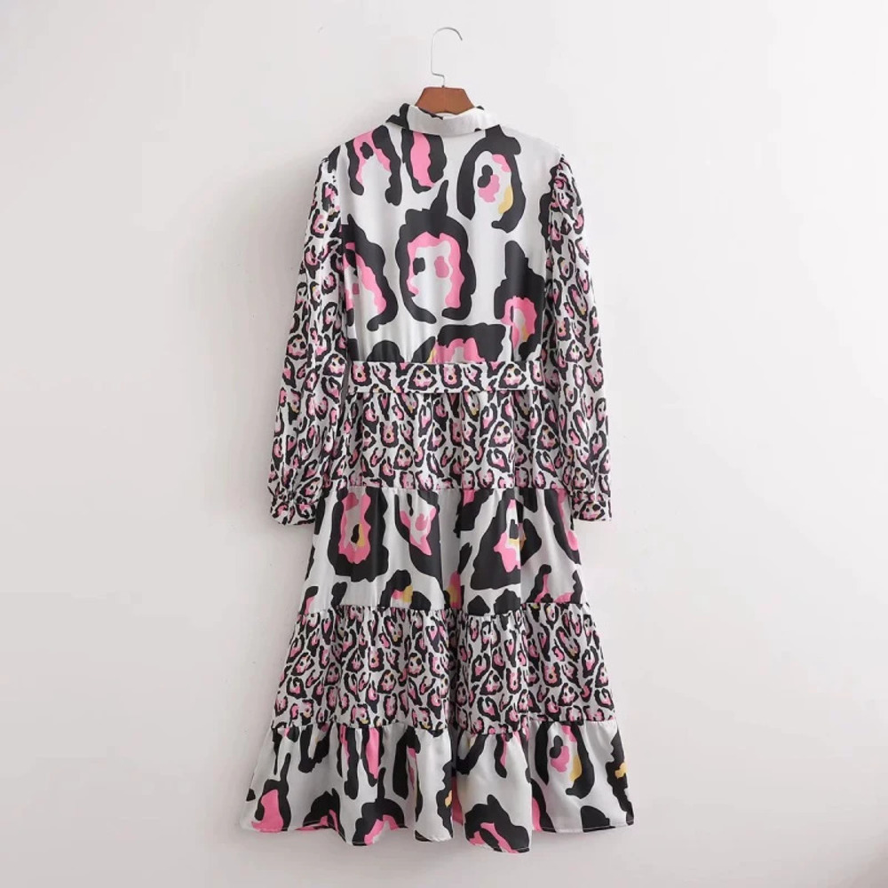 Long Sleeve Leopard Print Color Block Dress